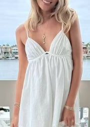 Women White Patchwork Spaghetti Strap Mid Dress Sleeveless