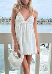 Women White Patchwork Spaghetti Strap Mid Dress Sleeveless