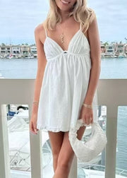 Women White Patchwork Spaghetti Strap Mid Dress Sleeveless