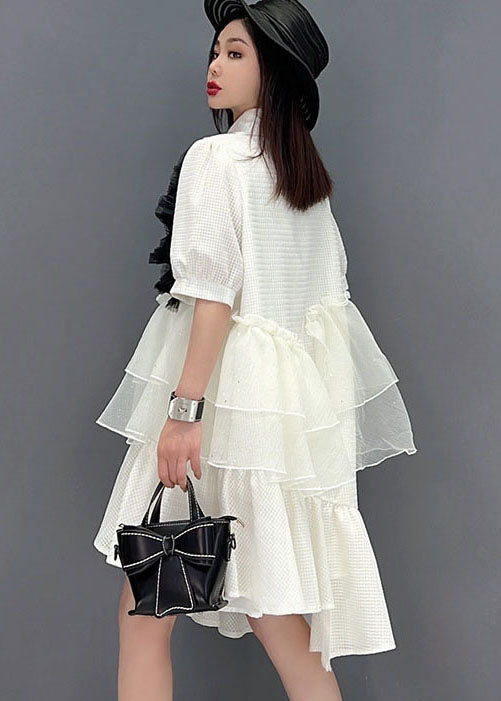 Women White Peter Pan Collar Asymmetrical Design Ruffles Patchwork Tulle Maxi Dresses Short Sleeve