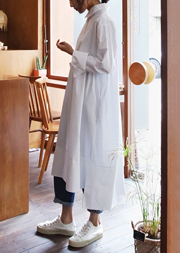 Women White Peter Pan Collar Button Solid Cotton Shirt Dress Fall