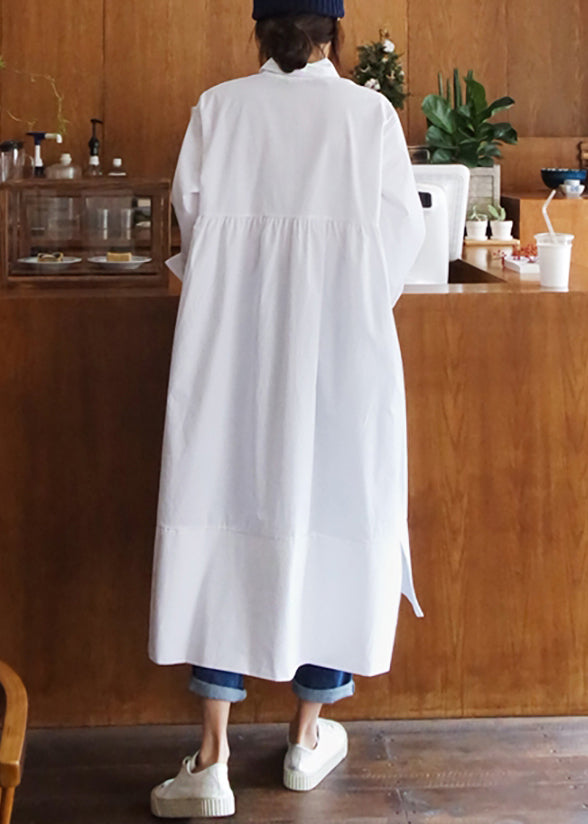 Women White Peter Pan Collar Button Solid Cotton Shirt Dress Fall