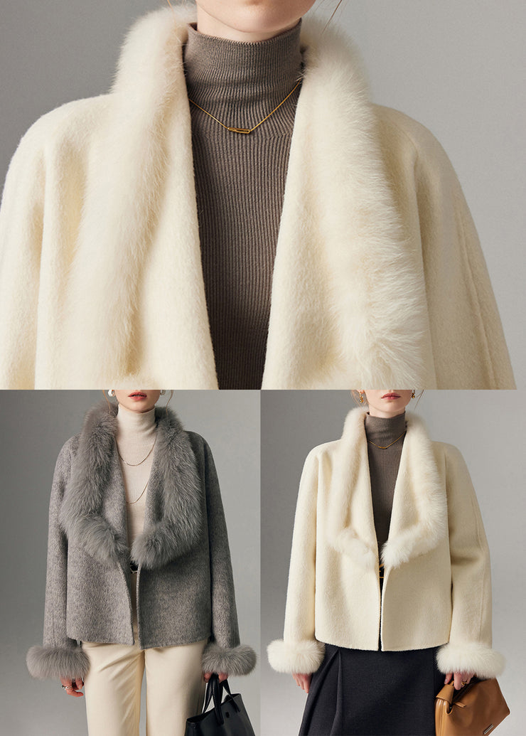 Women White Peter Pan Collar Patchwork Fox Fur Wool Cardigan Winter