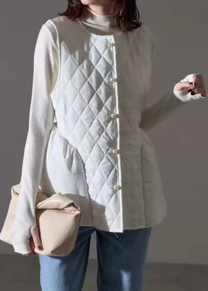 Women White Plaid Patchwork Cotton Vests Sleeveless