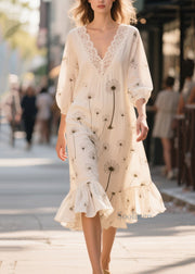 Women White Print Patchwork Chiffon Long Dress Bracelet Sleeve