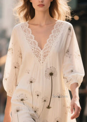 Women White Print Patchwork Chiffon Long Dress Bracelet Sleeve