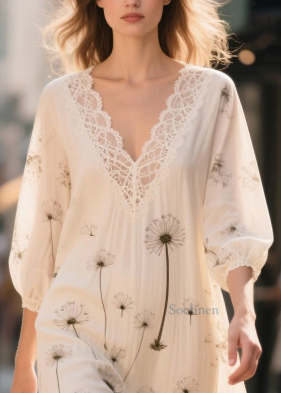 Women White Print Patchwork Chiffon Long Dress Bracelet Sleeve