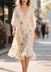 Women White Print Patchwork Chiffon Long Dress Bracelet Sleeve