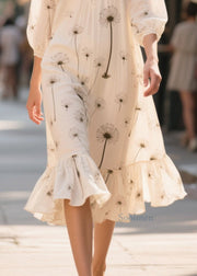 Women White Print Patchwork Chiffon Long Dress Bracelet Sleeve