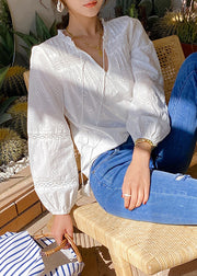 Women White Ruffled Hollow Out Lace Up Cotton Shirt Spring