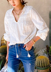 Women White Ruffled Hollow Out Lace Up Cotton Shirt Spring