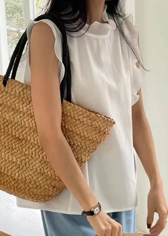 Women White Ruffled Patchwork Cotton Tanks Sleeveless