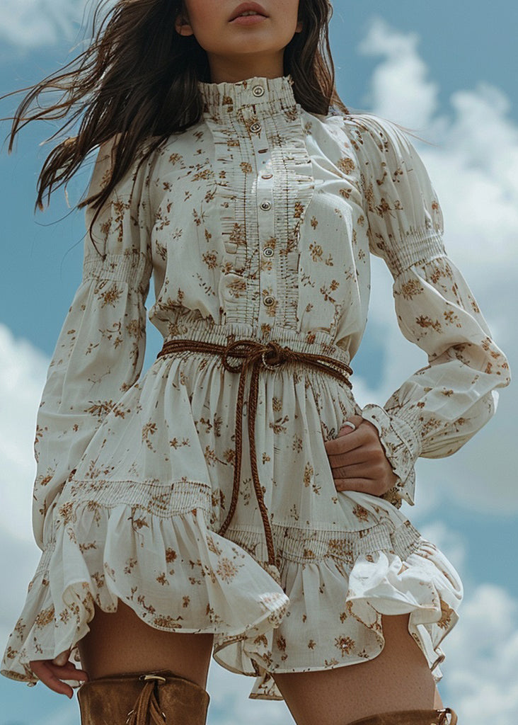 Women White Ruffled Print Patchwork Cotton Dress Long Sleeve