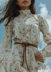 Women White Ruffled Print Patchwork Cotton Dress Long Sleeve