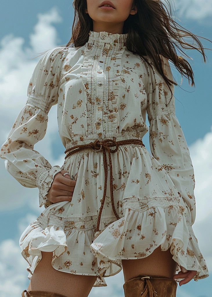 Women White Ruffled Print Patchwork Cotton Dress Long Sleeve