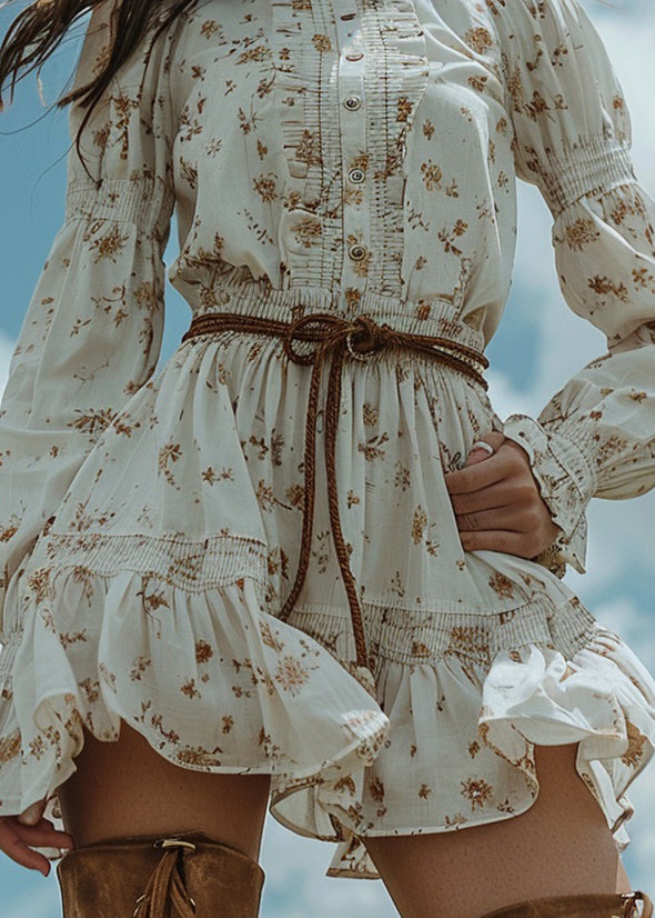 Women White Ruffled Print Patchwork Cotton Dress Long Sleeve