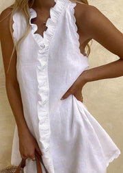 Women White Ruffled Solid Cotton Mini Dresses Sleeveless