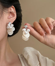 Women White Silver Pearl Shell TasselDrop Earring