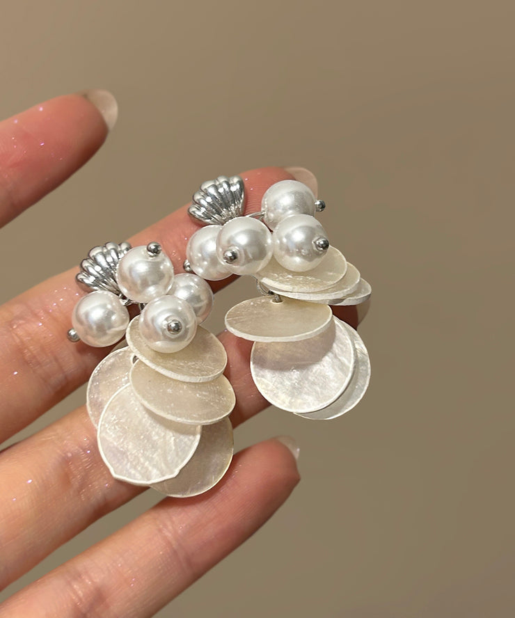 Women White Silver Pearl Shell TasselDrop Earring
