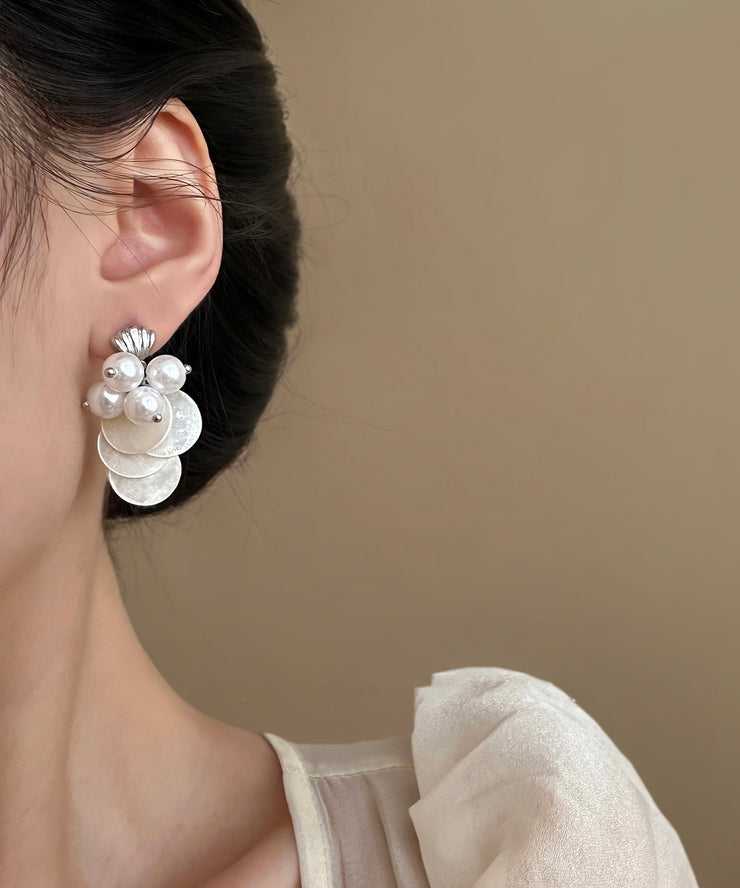 Women White Silver Pearl Shell TasselDrop Earring
