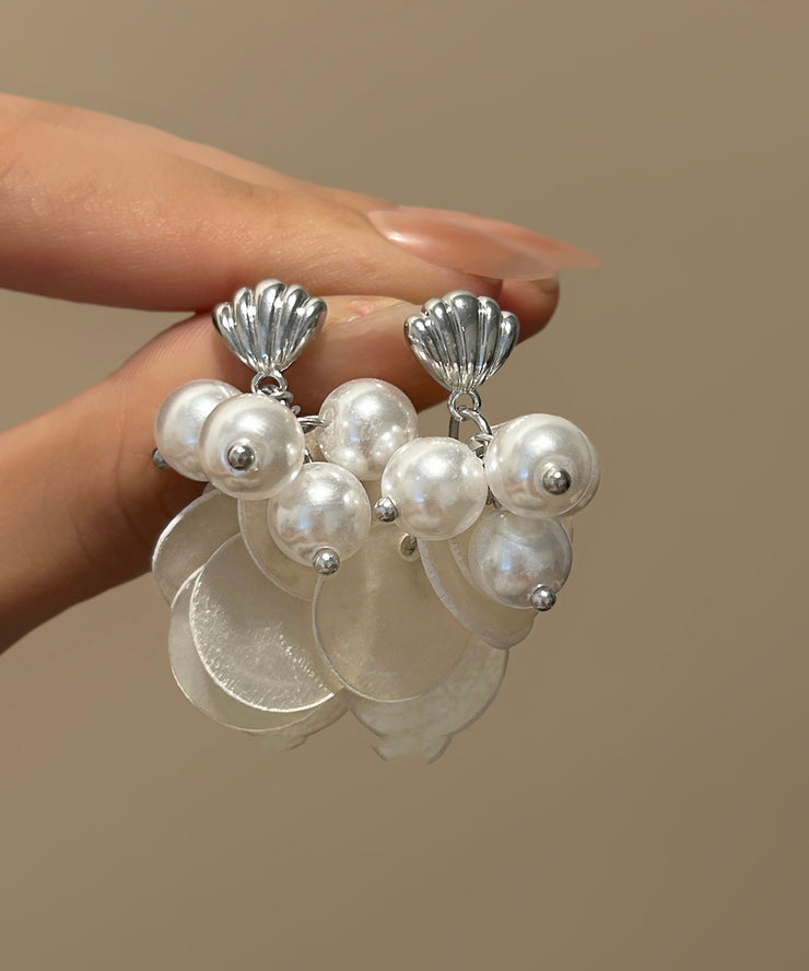 Women White Silver Pearl Shell TasselDrop Earring
