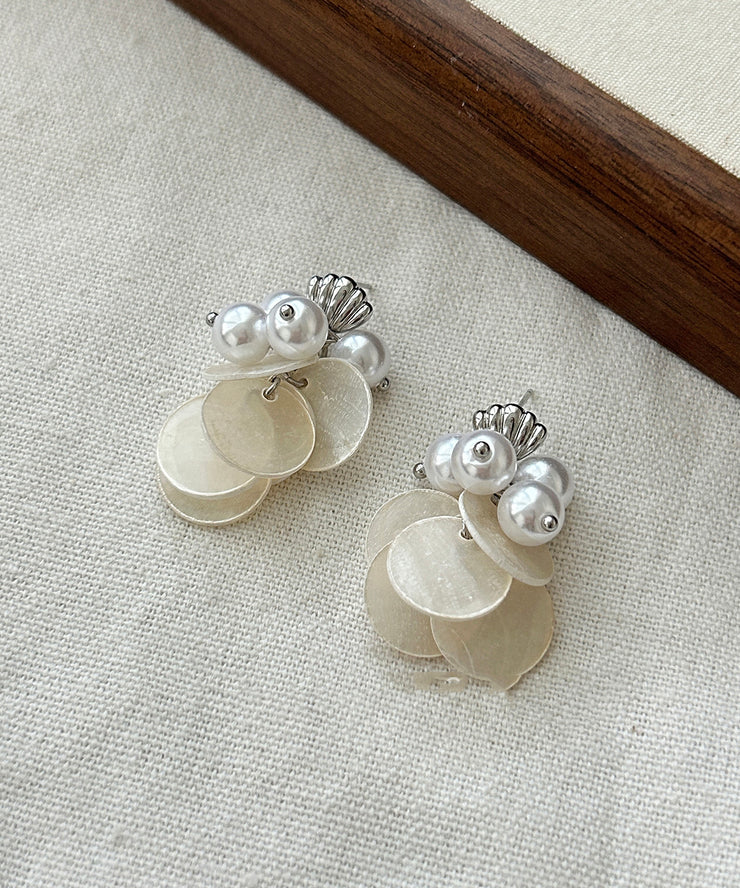Women White Silver Pearl Shell TasselDrop Earring