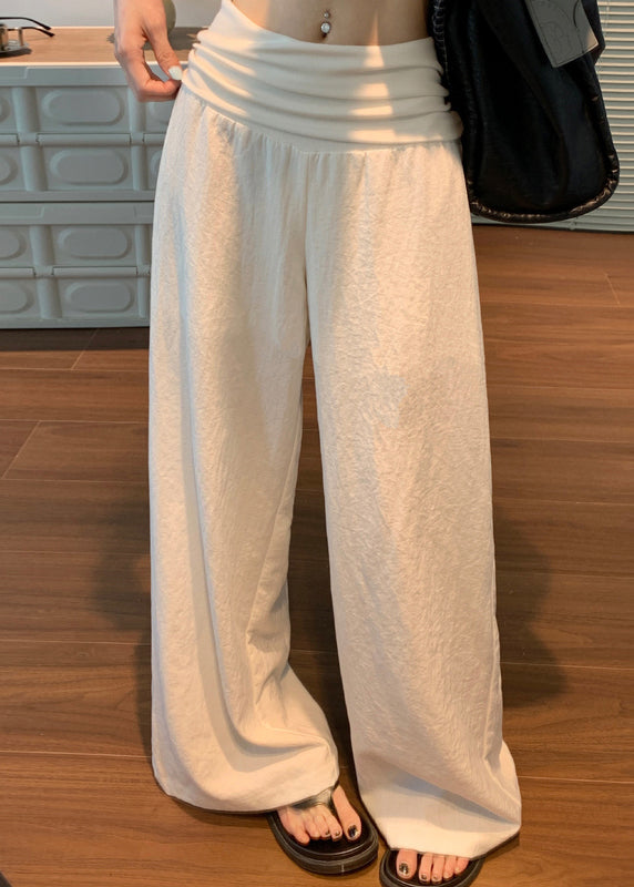 Women White Solid Elastic Waist Linen Pants Fall