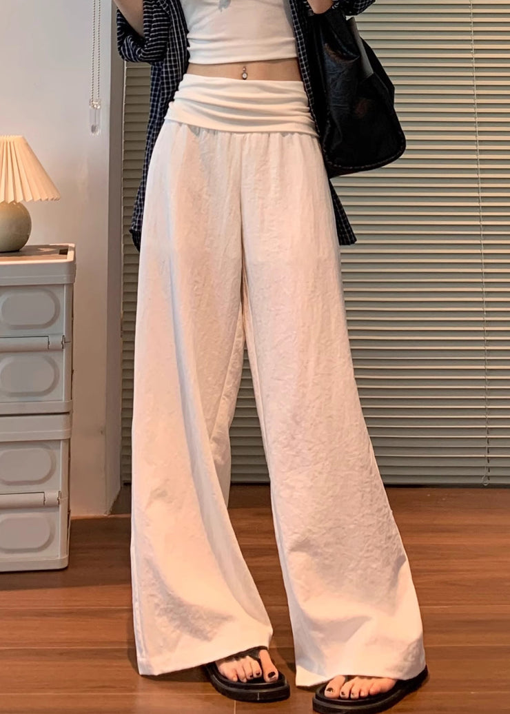 Women White Solid Elastic Waist Linen Pants Fall