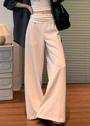 Women White Solid Elastic Waist Linen Pants Fall