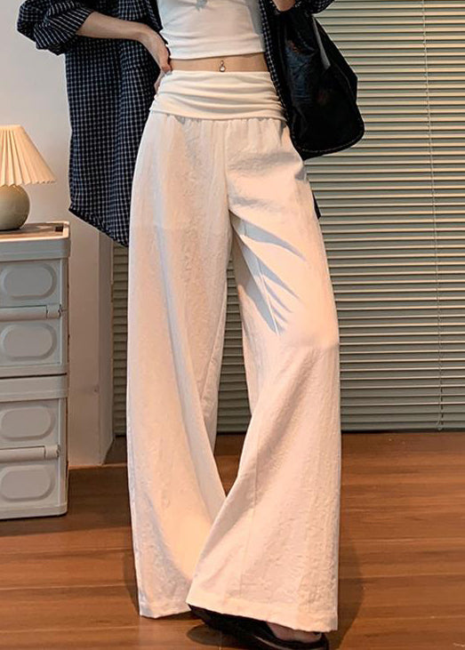 Women White Solid Elastic Waist Linen Pants Fall