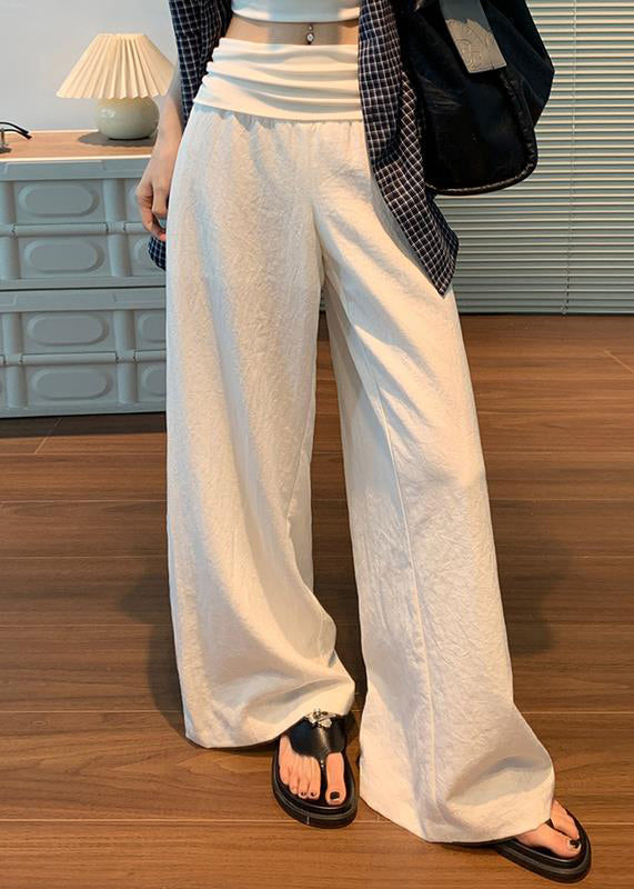 Women White Solid Elastic Waist Linen Pants Fall