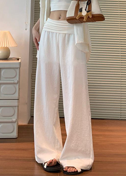 Women White Solid Elastic Waist Linen Pants Fall