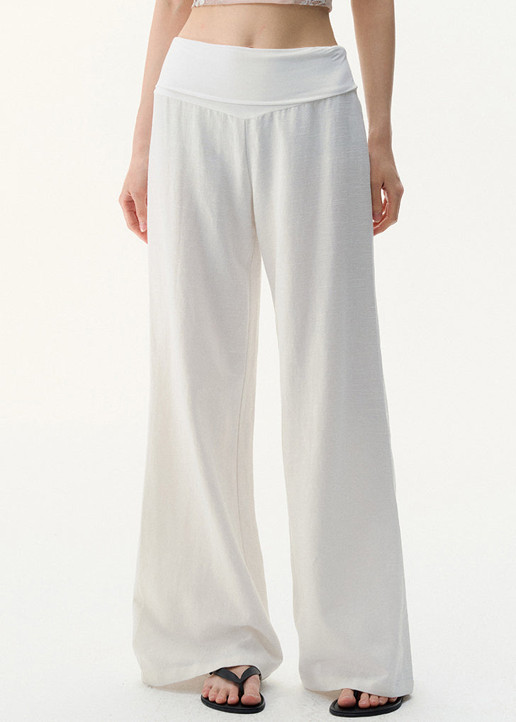 Women White Solid High Waist Linen Pants Summer