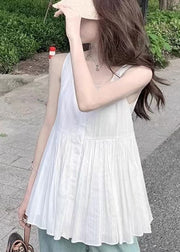 Women White Square Collar Wrinkled Cotton Shirt Sleeveless