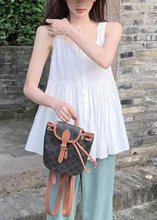 Women White Square Collar Wrinkled Cotton Shirt Sleeveless