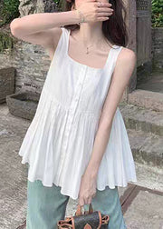 Women White Square Collar Wrinkled Cotton Shirt Sleeveless