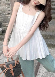 Women White Square Collar Wrinkled Cotton Shirt Sleeveless