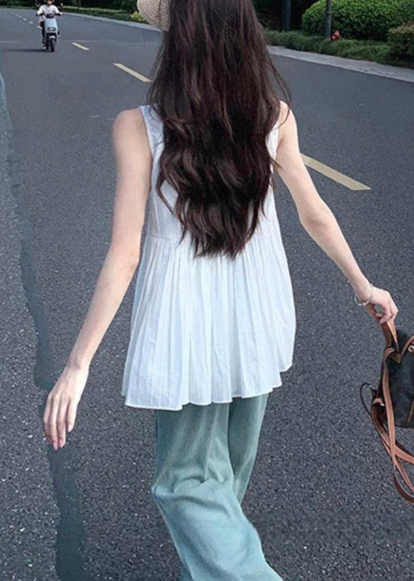 Women White Square Collar Wrinkled Cotton Shirt Sleeveless