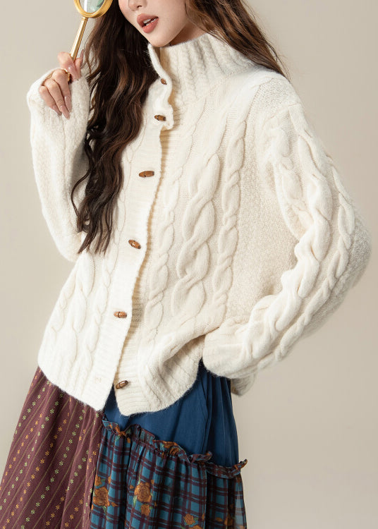 Women White Stand Collar Button Cable Knit Coats Winter