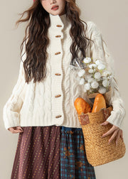 Women White Stand Collar Button Cable Knit Coats Winter