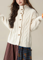 Women White Stand Collar Button Cable Knit Coats Winter