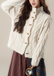Women White Stand Collar Button Cable Knit Coats Winter