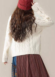 Women White Stand Collar Button Cable Knit Coats Winter