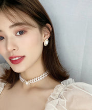 Women White Sterling Silver Overgild Zircon Pearl Stud Earrings
