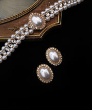 Women White Sterling Silver Overgild Zircon Pearl Stud Earrings