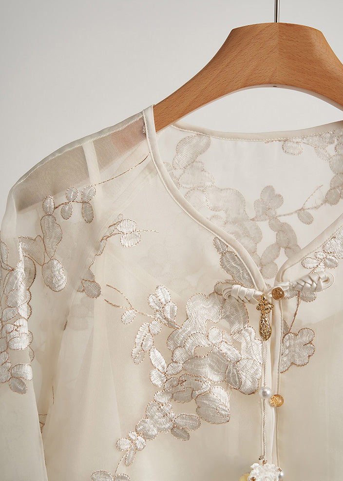 Women White Tasseled Embroidered Silk Coats Fall