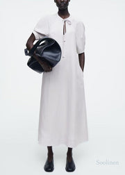 Women White Tie Neck Cotton Tunic Dress Summer