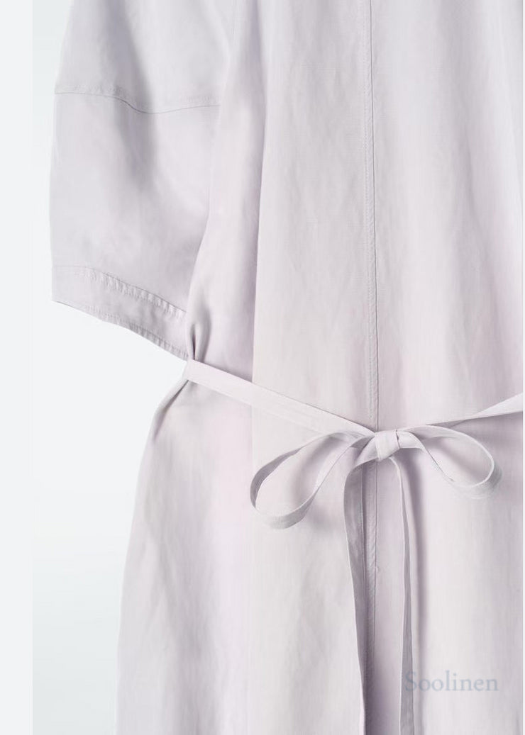 Women White Tie Neck Cotton Tunic Dress Summer