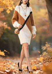 Women White Turtle Neck Patchwork Knitted Dress Winter