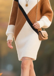 Women White Turtle Neck Patchwork Knitted Dress Winter